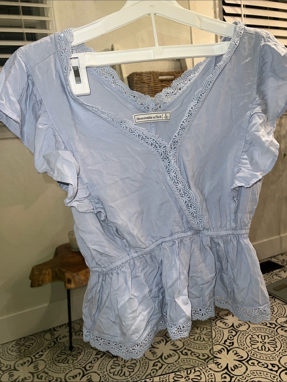 Abercrombie & Fitch Soft Blue Lace-Trim Peplum Blouse